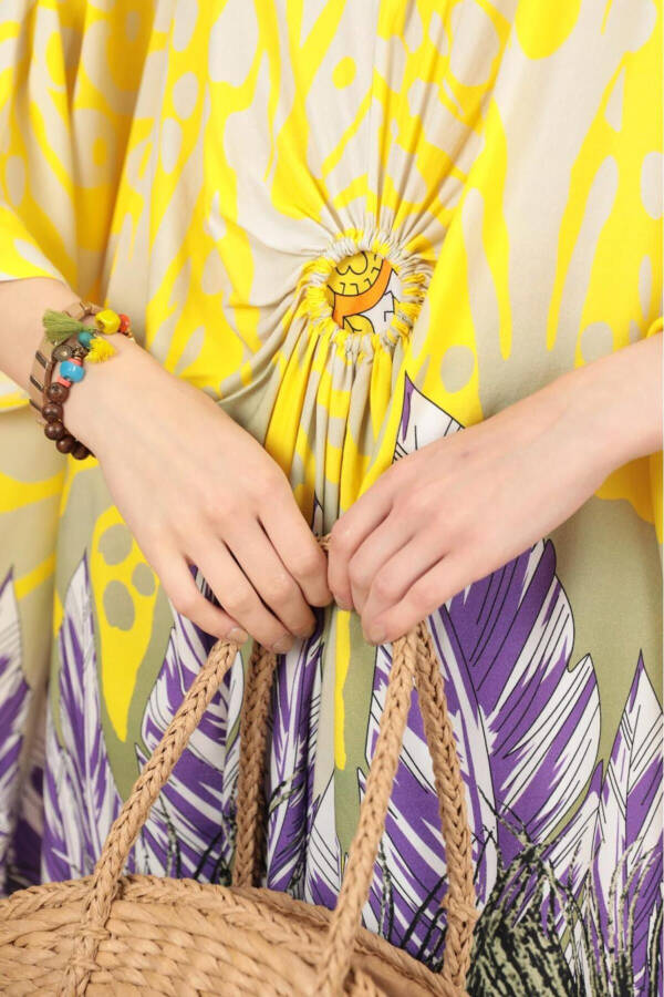 Woman Yellow Ring Detailed Patterned Plus Size Loose Oversize Dress - 4