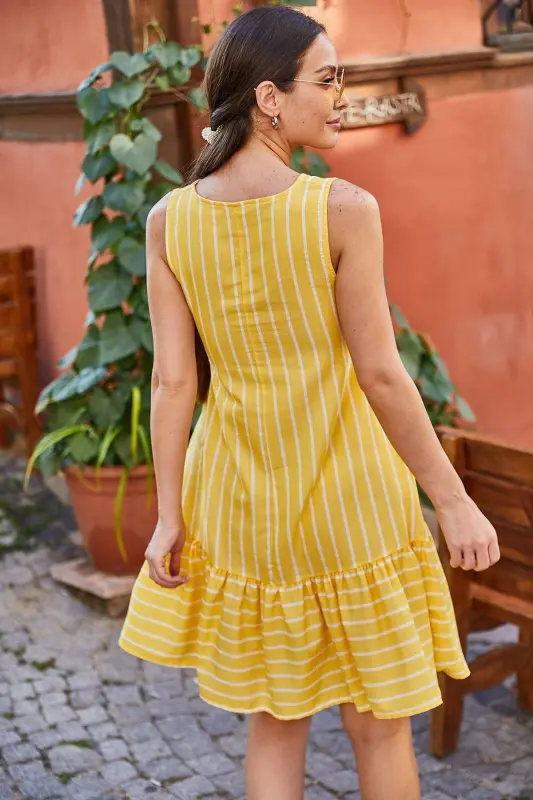 Woman Yellow Sleeveless Ruffled Striped Dress ARM-19Y001101-YELLOW - 3