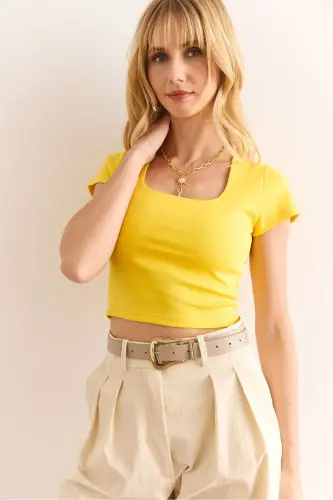 Woman Yellow Square Neck Crop Interlock Blouse BLZ-190029 - 3
