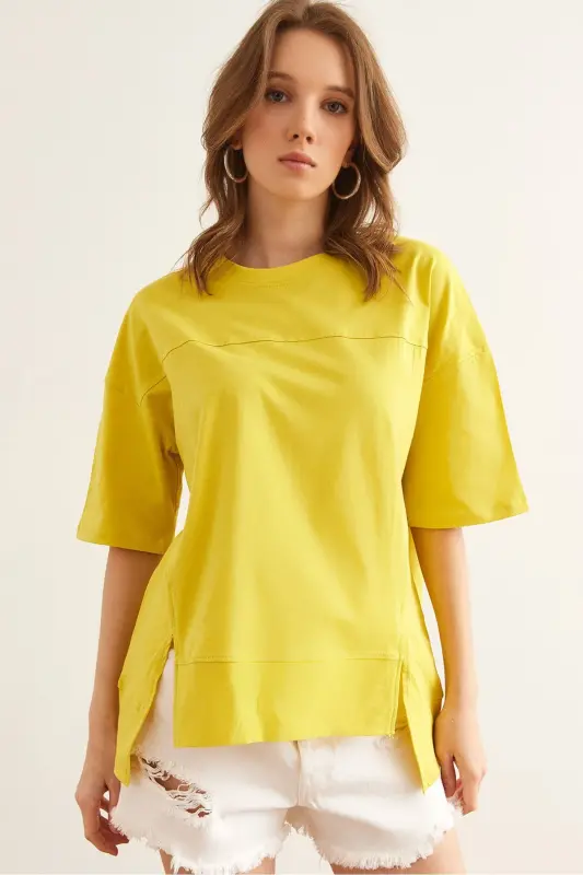 Woman Yellow Stitch Detail Cut Out Front Cotton T-Shirt TS - 1