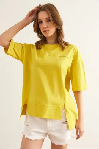 Woman Yellow Stitch Detail Cut Out Front Cotton T-Shirt TS - 5