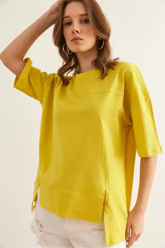 Woman Yellow Stitch Detail Cut Out Front Cotton T-Shirt TS - 6