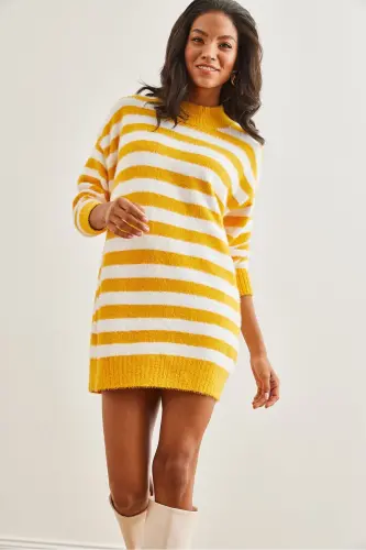 Woman Yellow Striped Soft Textured Knitted Tunic Dress - 5
