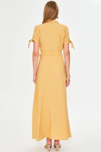 Woman Yellow Tie Sleeve Belted Waist Shirt Dress ARM-23Y001004-Yellow - 10