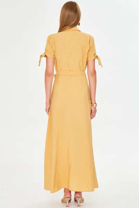 Woman Yellow Tie Sleeve Belted Waist Shirt Dress ARM-23Y001004-Yellow - 10