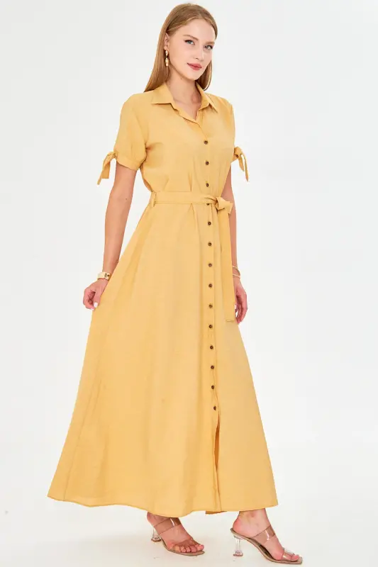 Woman Yellow Tie Sleeve Belted Waist Shirt Dress ARM-23Y001004-Yellow - 3