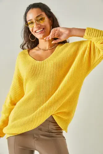 Woman Yellow V Neck Cable Knit Oversize Knit Tunic TNK-19000081-Yellow - OLALOOK (1)