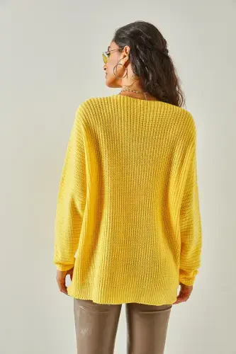 Woman Yellow V Neck Cable Knit Oversize Knit Tunic TNK-19000081-Yellow - 6