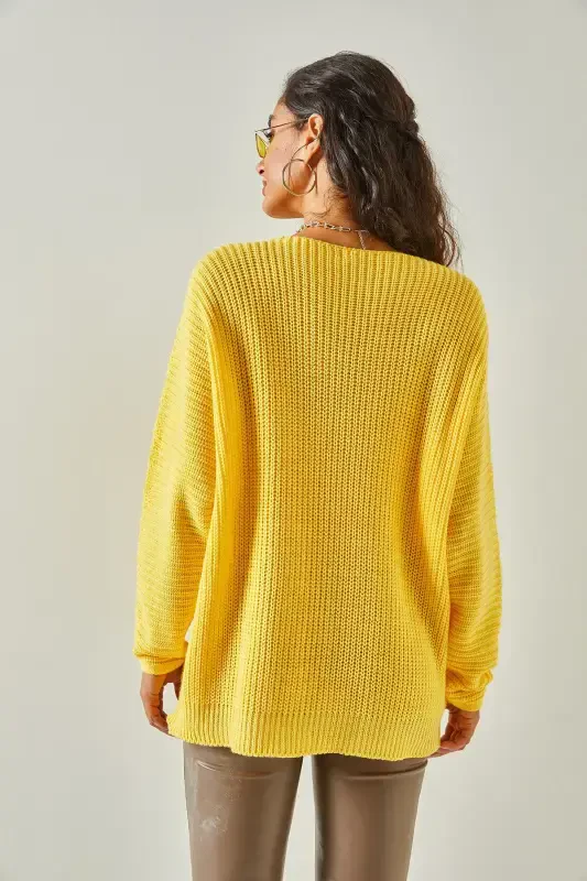 Woman Yellow V Neck Cable Knit Oversize Knit Tunic TNK-19000081-Yellow - 6