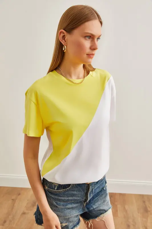 Woman Yellow White Asymmetric Blocked T-Shirt TSH-19000 - 1