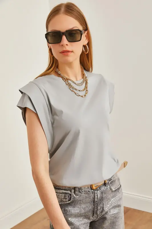 Woman Yunus Grey Arm Detailed Cotton T-Shirt TSH-19000 - 1