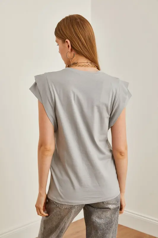 Woman Yunus Grey Arm Detailed Cotton T-Shirt TSH-19000 - 2