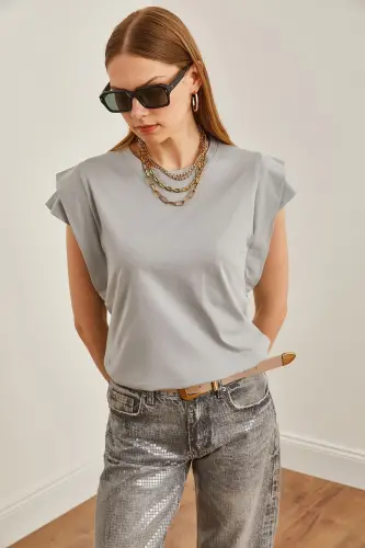 Woman Yunus Grey Arm Detailed Cotton T-Shirt TSH-19000 - 3