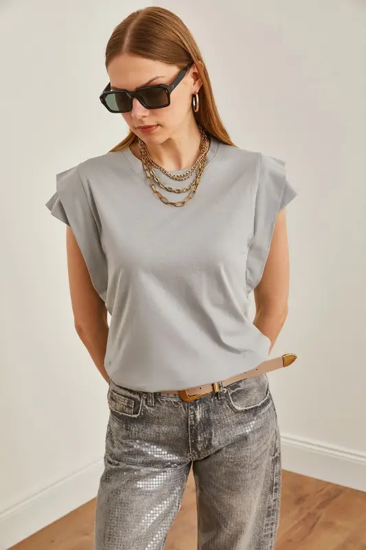 Woman Yunus Grey Arm Detailed Cotton T-Shirt TSH-19000 - 3