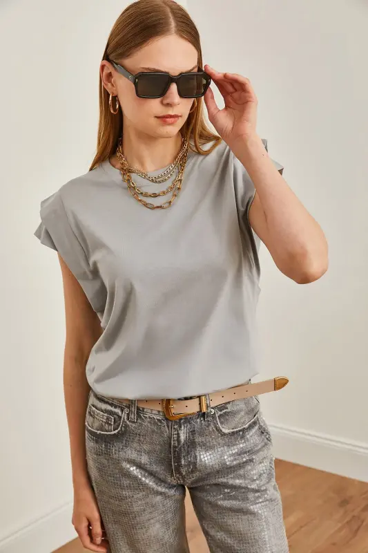 Woman Yunus Grey Arm Detailed Cotton T-Shirt TSH-19000 - 4