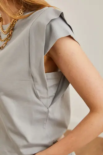 Woman Yunus Grey Arm Detailed Cotton T-Shirt TSH-19000 - 5