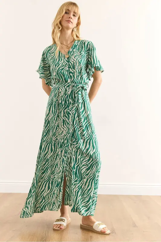 Woman Zebra Green Buttoned Belted Maxi Viscose Dress - OLALOOK