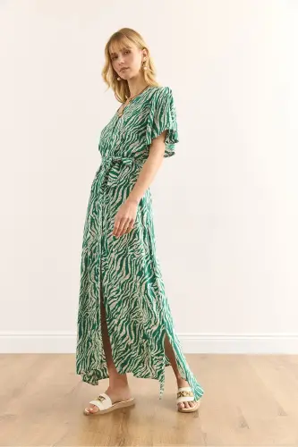 Woman Zebra Green Buttoned Belted Maxi Viscose Dress - OLALOOK (1)