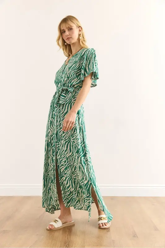 Woman Zebra Green Buttoned Belted Maxi Viscose Dress - 2