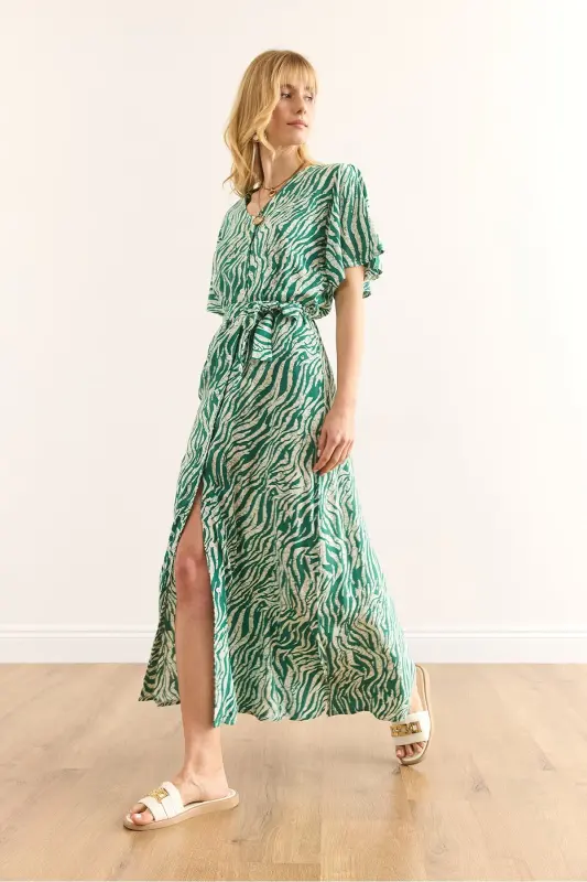 Woman Zebra Green Buttoned Belted Maxi Viscose Dress - 3