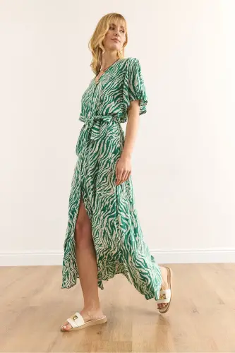 Woman Zebra Green Buttoned Belted Maxi Viscose Dress - 4