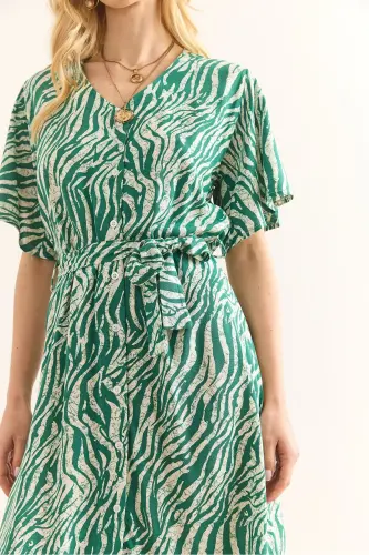 Woman Zebra Green Buttoned Belted Maxi Viscose Dress - 5