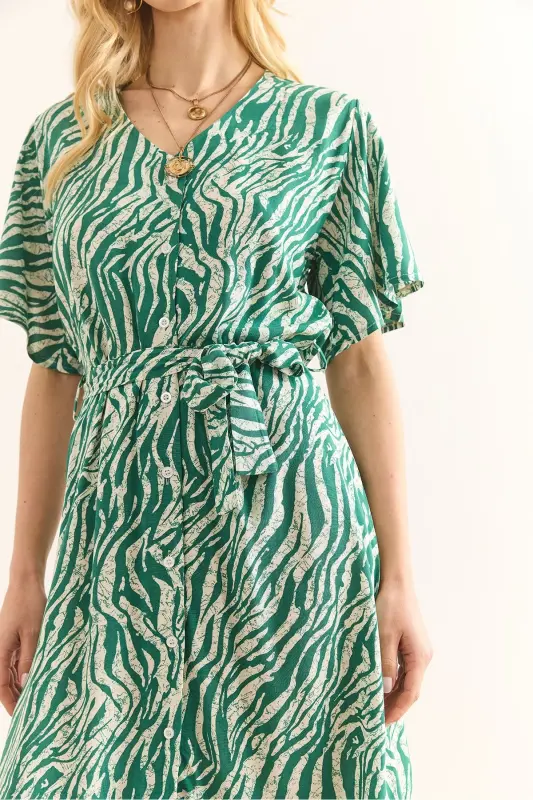 Woman Zebra Green Buttoned Belted Maxi Viscose Dress - 5