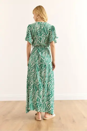 Woman Zebra Green Buttoned Belted Maxi Viscose Dress - 6