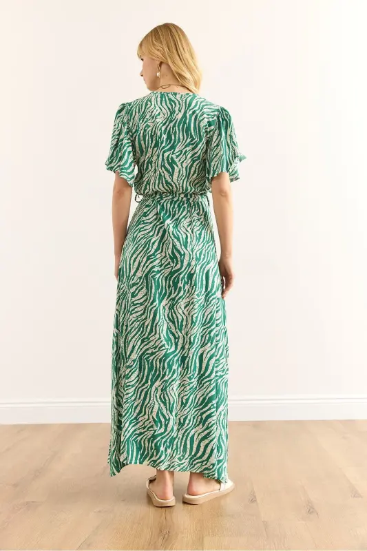 Woman Zebra Green Buttoned Belted Maxi Viscose Dress - 6