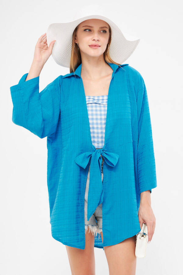 Woman's Blue Striped Self-Tie Kimono - 1