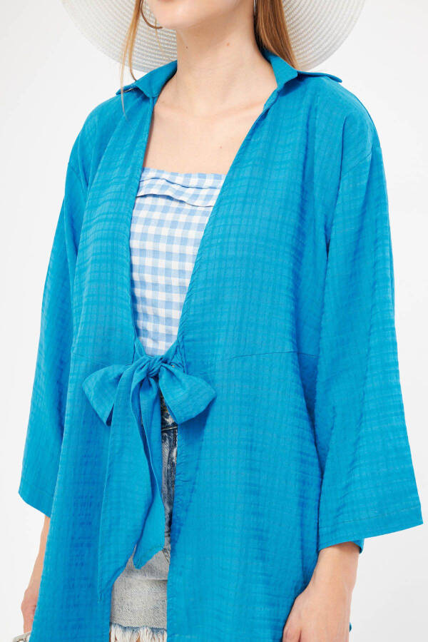 Woman's Blue Striped Self-Tie Kimono - 2