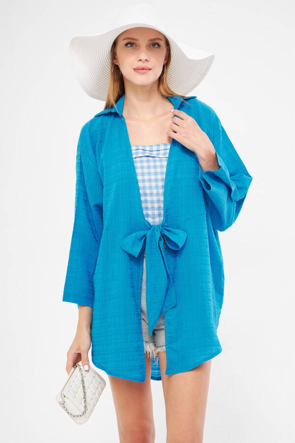 Woman's Blue Striped Self-Tie Kimono - 3