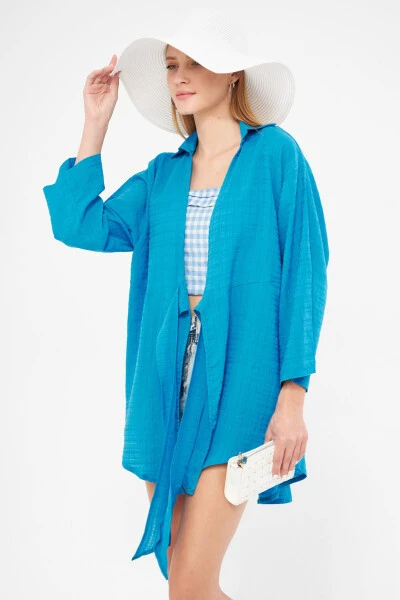 Woman's Blue Striped Self-Tie Kimono - 4