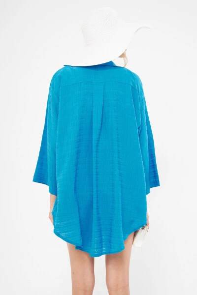 Woman's Blue Striped Self-Tie Kimono - 5