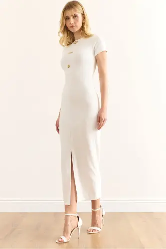 Woman's Ecru Buttoned Slit Detailed Fine Ribbed 