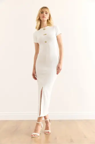 Woman's Ecru Buttoned Slit Detailed Fine Ribbed - OLALOOK (1)