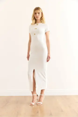 Woman's Ecru Buttoned Slit Detailed Fine Ribbed - 4