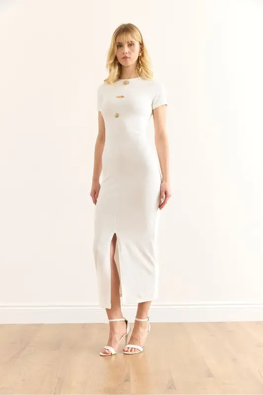 Woman's Ecru Buttoned Slit Detailed Fine Ribbed - 4