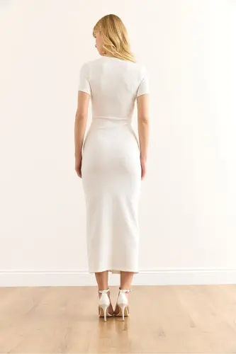 Woman's Ecru Buttoned Slit Detailed Fine Ribbed - 7