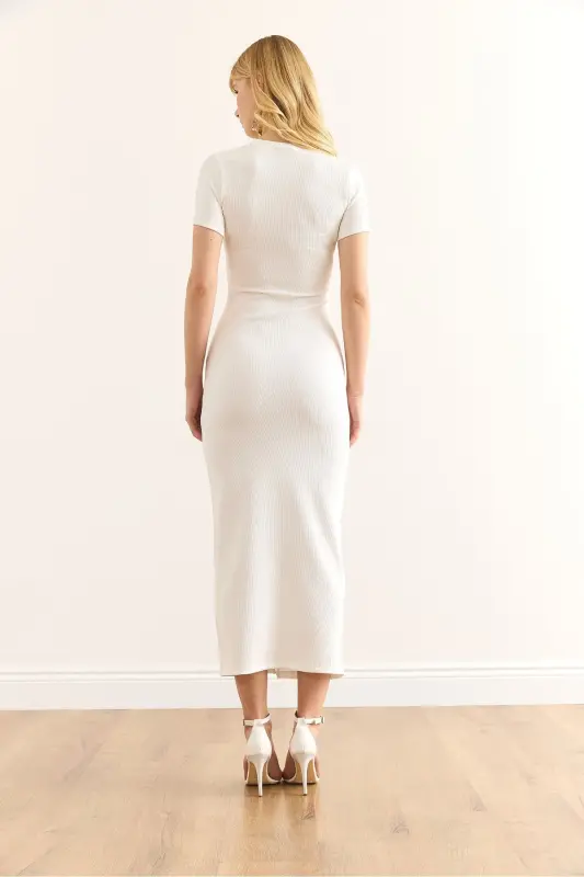 Woman's Ecru Buttoned Slit Detailed Fine Ribbed - 7