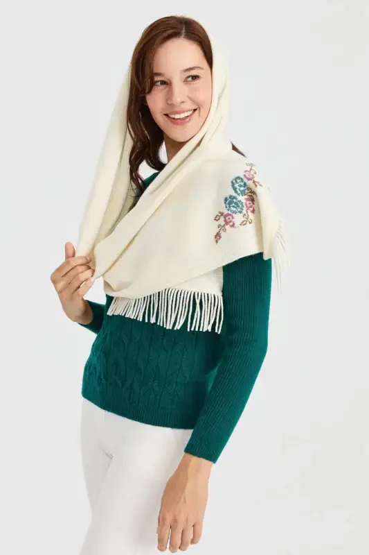 Woman's Knit Scarf with Floral Trim Wool Scarf Bone-Bone - DESEN TRIKO