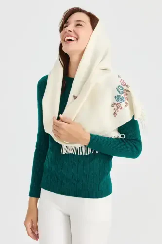 Woman's Knit Scarf with Floral Trim Wool Scarf Bone-Bone - DESEN TRIKO (1)