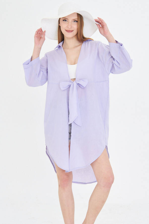 Woman's Lilac Front Tie Detail Thin Linen Midi Dress - 1