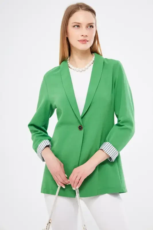 Woman's Open Light Green Arm Lined Single Buttoned Jacket ARM-22K001122-Light Green - 1