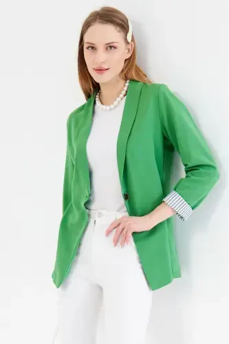 Woman's Open Light Green Arm Lined Single Buttoned Jacket ARM-22K001122-Light Green - 3