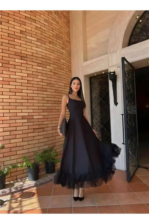 WOMAN'S SKIRT TULLE DETAILED STRAPED MIDI SIZE EVENING DRESS - 1