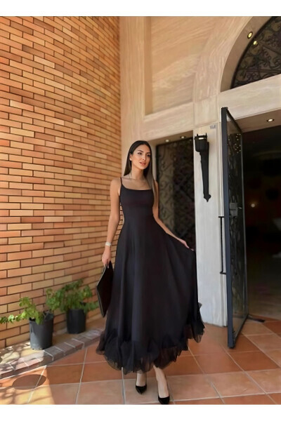 WOMAN'S SKIRT TULLE DETAILED STRAPED MIDI SIZE EVENING DRESS - LACASE (1)