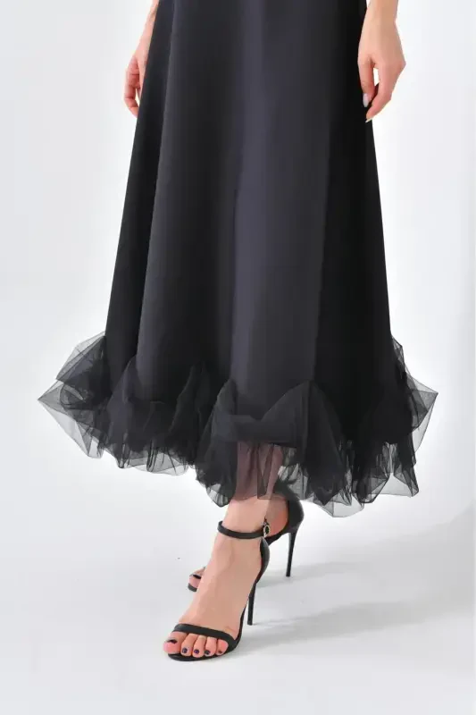WOMAN'S SKIRT TULLE DETAILED STRAPED MIDI SIZE EVENING DRESS-BLACK - GIZZMODA