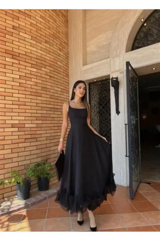 WOMAN'S SKIRT TULLE DETAILED STRAPED MIDI SIZE EVENING DRESS-BLACK - 2