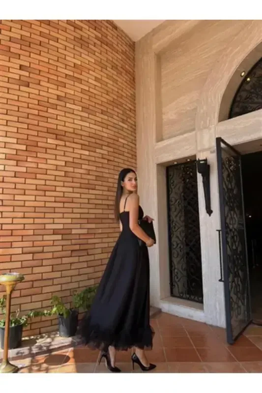 WOMAN'S SKIRT TULLE DETAILED STRAPED MIDI SIZE EVENING DRESS-BLACK - 3